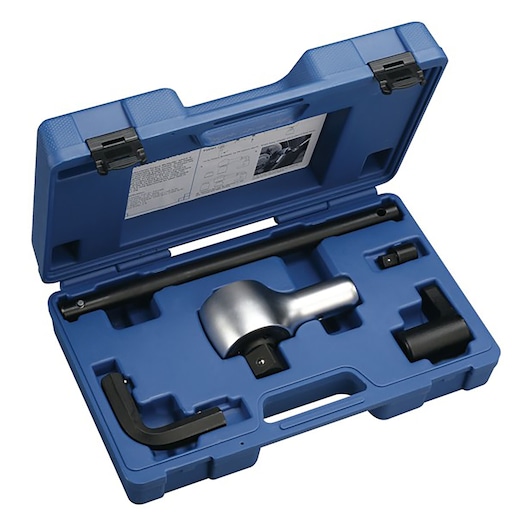 Facom E100104 tool set in blue hard case, photography of assorted automotive tools in foam insert, angled view.