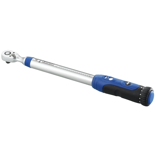 Facom torque wrench with blue and black handle, silver shaft, SKU E100106, side angle on white background.