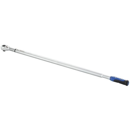 Facom E100110 torque wrench, silver with blue handle, long rod, side angle on white background.