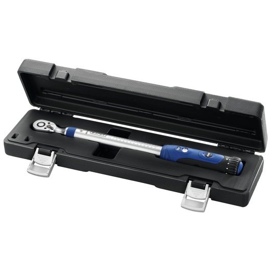 Facom torque wrench E100110 in black hard case, silver and blue handle, front angle.