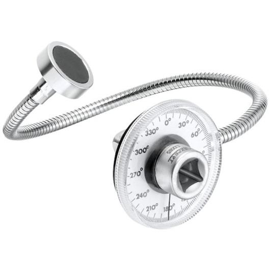 Facom E100115 photography of a metal angle gauge with flexible shaft and magnetic base, front view.