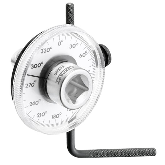 Facom E100116 angle torque gauge with clear dial, black markings, and L-shaped handle, product photography, white background.