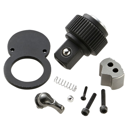 Facom E100501 ratchet repair kit with metal parts and screws, top view, white background.