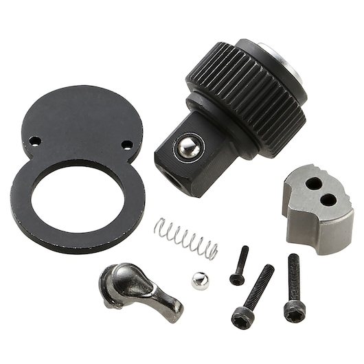 Facom E100502 ratchet repair kit with metal parts, screws, spring, and black gear, product photography.