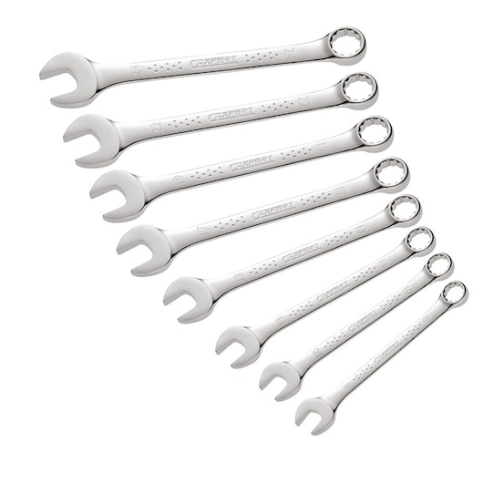 Facom E110300 set of chrome combination wrenches, eight pieces, flat lay, white background.