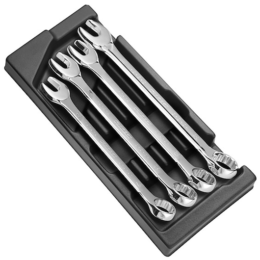 Facom E110302 set of four chrome combination wrenches in black tray, top angle product photography