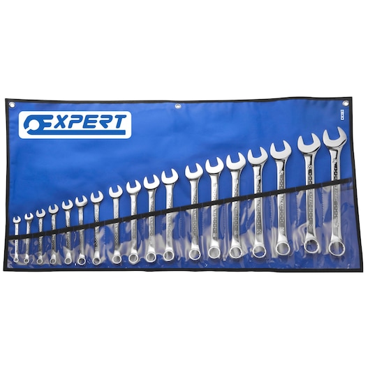 Facom E110313 combination wrench set in blue Expert tool roll, front angle.