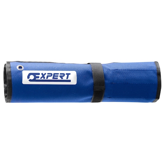 Facom E110313 blue tool roll with black trim and Expert logo, side angle photo.