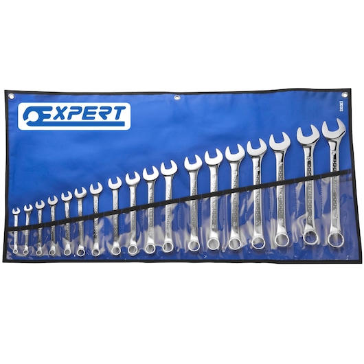 Facom E110326 wrench set with 18 chrome wrenches in a blue roll-up pouch, top view.
