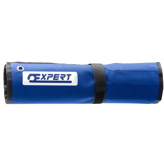 Facom E110326 blue rolled tool pouch with black trim and Expert logo, side angle, photography.