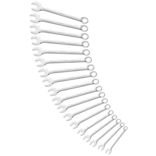Facom E110327 photography of silver combination wrench set arranged in a curved line, top-down angle.