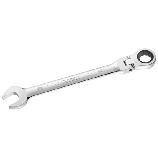 Facom E110901 ratcheting combination wrench, silver finish, angled product photo on white background.