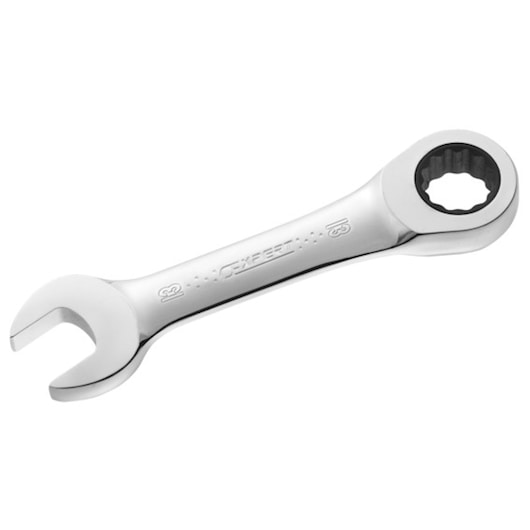 Facom E110923 ratcheting combination wrench, chrome finish, open-end and ring, product photo, white background.