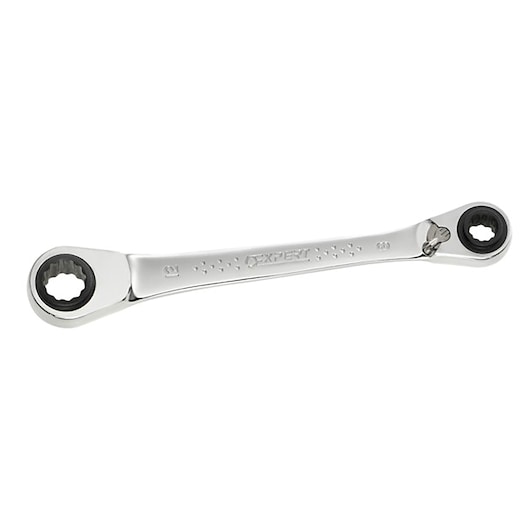 Facom E110943 double-ended ratcheting wrench, silver metal, flat-lay angle on white background.