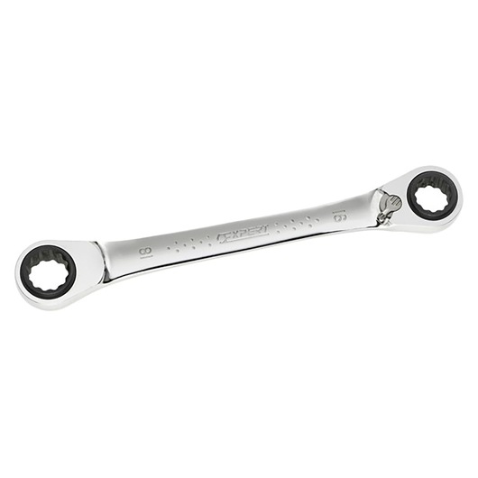 Facom E110945 ratcheting double box-end wrench, chrome finish, front angle photo.
