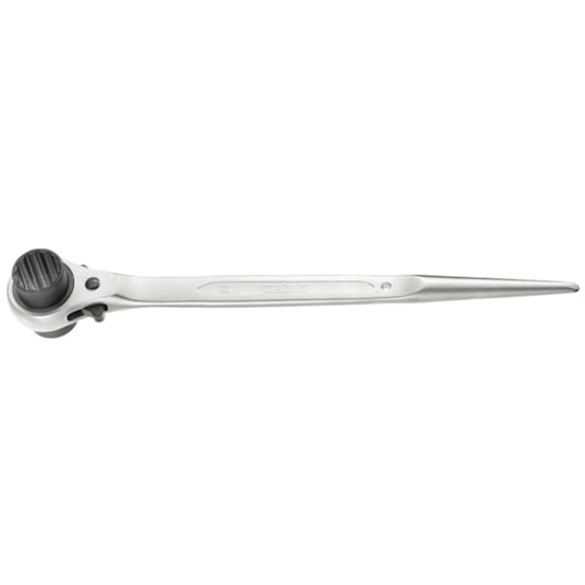 Facom E110962 silver ratcheting podger spanner with black rotating head, side view on white background.