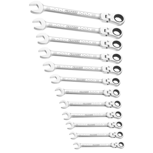 Facom E111102 set of silver ratcheting combination wrenches, thirteen pieces, top view on white background.