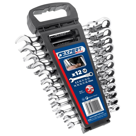 Facom E111102 combination wrench set, 12 pieces in a plastic holder, chrome finish, front angle on white background.