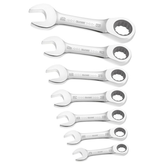 Facom E111104 set of seven silver combination ratcheting wrenches, overhead angle, white background.