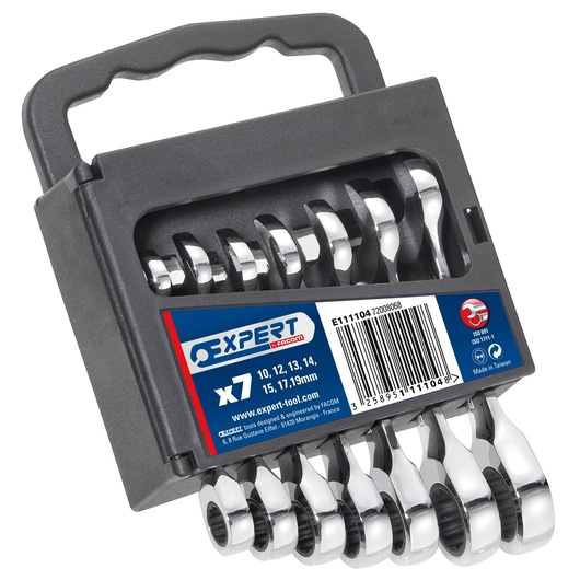Facom E111104 ratcheting combination spanner set, 7 pieces in plastic carrying case, front angle on white.