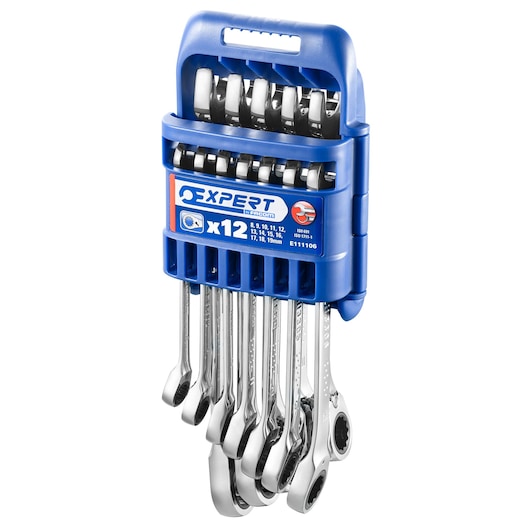 Facom E111106 12-piece ratcheting combination wrench set in blue plastic holder, front angle.