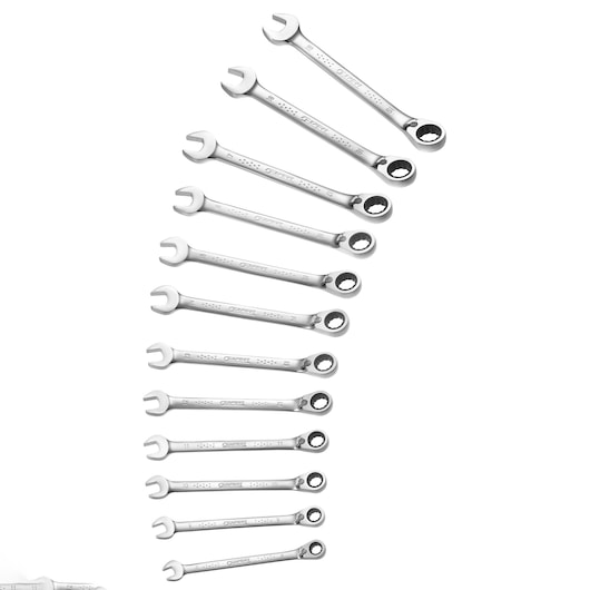Facom E111106 ratcheting combination spanner set, 12 silver wrenches fanned out, top view, white background.