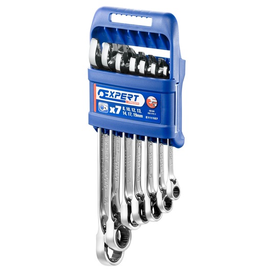 Facom E111107 spanner set of seven chrome wrenches in blue plastic holder, front angle.