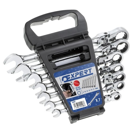Facom E111108 ratcheting combination wrench set in black plastic holder, seven chrome wrenches, angled view.