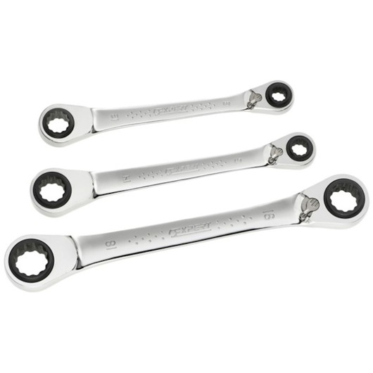 Facom E111115 set of three ratcheting wrenches, silver finish, photography on white background.