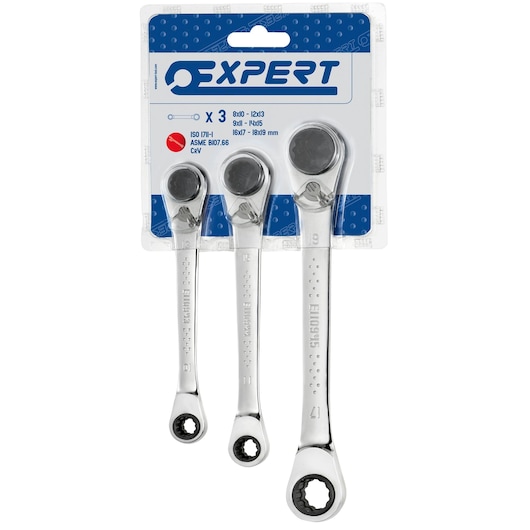 Facom Expert set of three ratcheting combination wrenches in a retail package, each with a polished metal finish and black ratchet ring. Wrench sizes are printed on packaging.