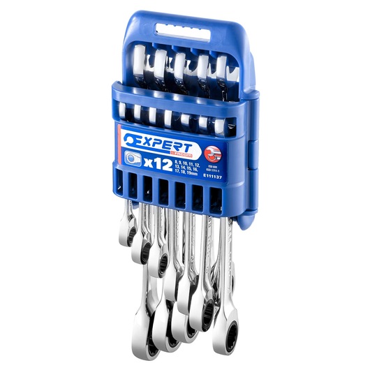 Facom E111137 ratcheting wrench set in blue plastic case, 12-piece, front angle photography.