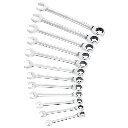 Facom E111137 set of 14 combination ratcheting wrenches, chrome finish, displayed on white background, top angle.
