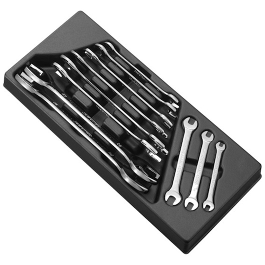 Facom E111220 set of chrome combination wrenches in black tray, top angle, tool assortment photography.