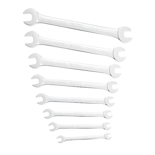 Facom E111406 set of eight open-end wrenches, silver finish, photography on white background.