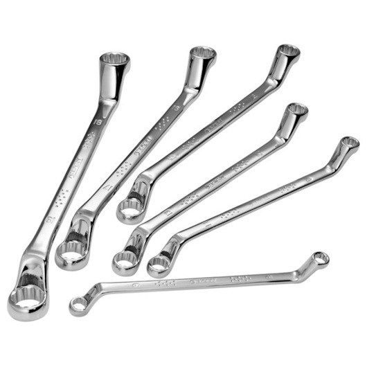 Facom E111708 chrome offset box wrenches set, six pieces, top view, arranged on white background