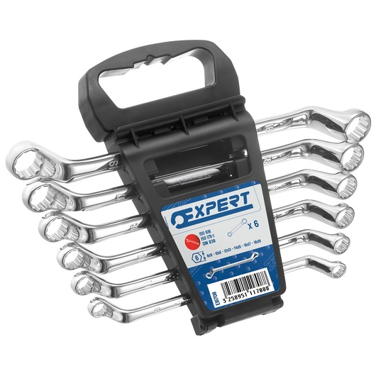 Facom E111708 set of 6 chrome combination box-end wrenches in black plastic holder, front angle on white background.