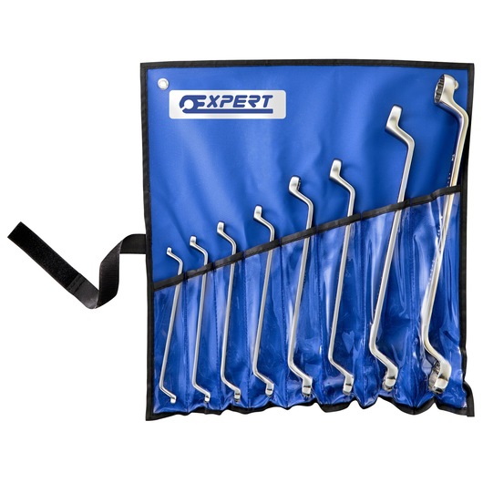 Facom E111714 double box-end wrench set in blue roll-up pouch, top-down view, nine wrenches visible.