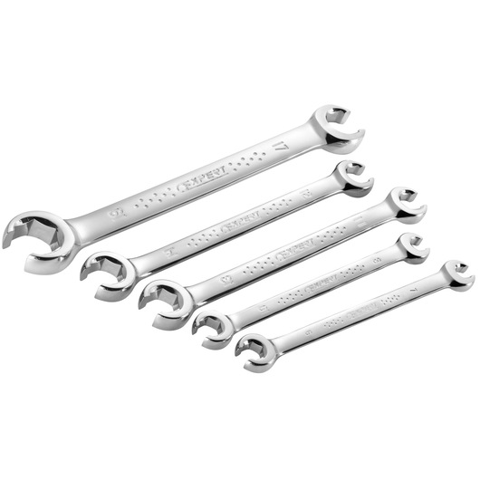 Facom E112501 chrome open end wrench set, five sizes, laid out on white background, product photography