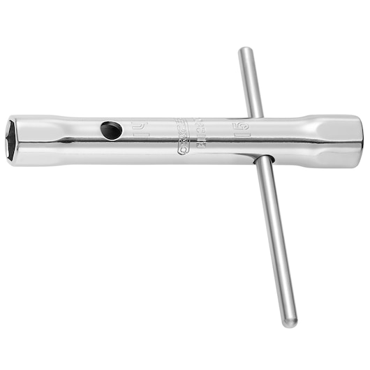 Facom E112901 chrome-plated tubular box spanner with T-handle, product photography on white background.