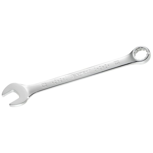 Facom E113228 chrome combination wrench, box and open end, side angle, photography of hand tool.