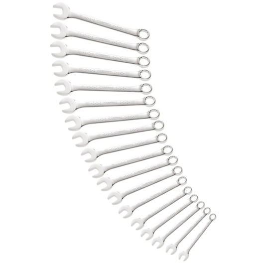 Facom E113238 combination wrench set, 16 silver wrenches, assorted sizes, top view, white background.