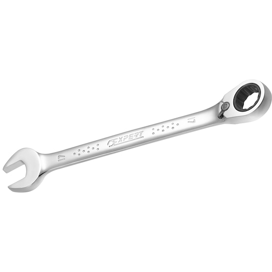 Facom E113300 combination ratcheting spanner, silver finish, size 17mm, side view on white background.
