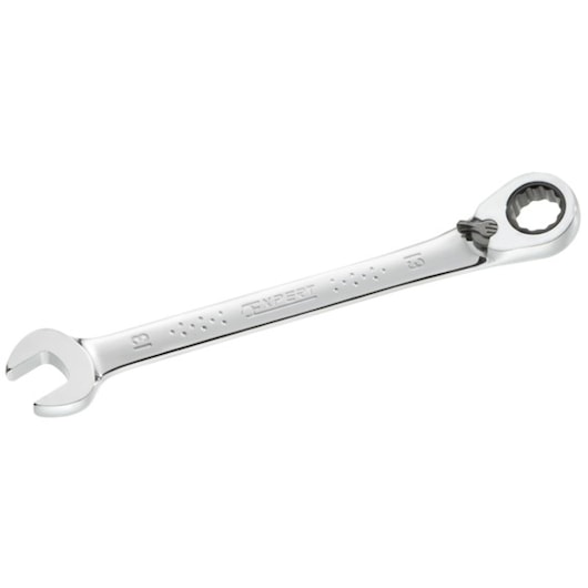 Facom E113302 ratcheting combination wrench, polished chrome finish, side angle on white background.