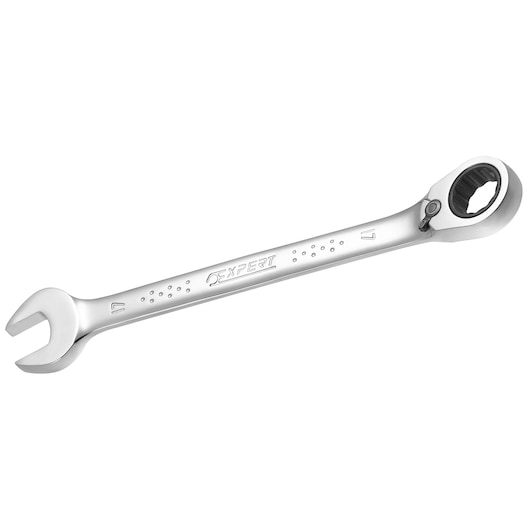 Facom E113307 ratcheting combination wrench with open and ratchet box end, silver finish, product side view.