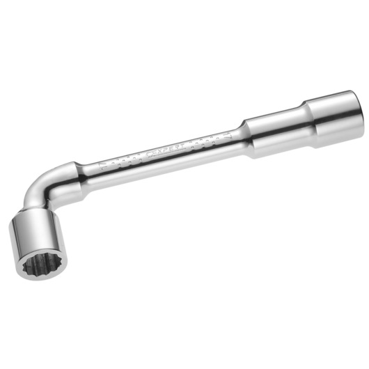 Facom E113385 chrome L-shaped socket wrench, twelve-point, side angle on white background.