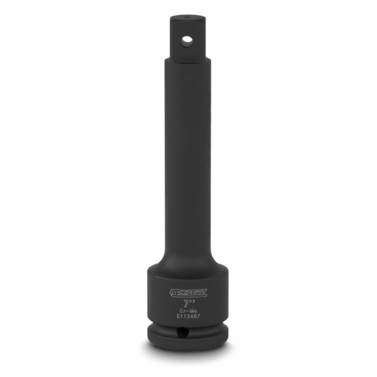 Facom E113487 black impact socket extension photographed on white background, cylindrical metal tool with side hole.