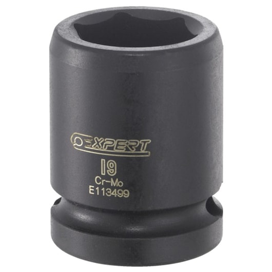 Facom E113489 black impact socket, cylindrical shape, engraved size marking, front angle, white background.