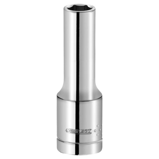 Facom E113754 chrome deep socket viewed from the front on white background.