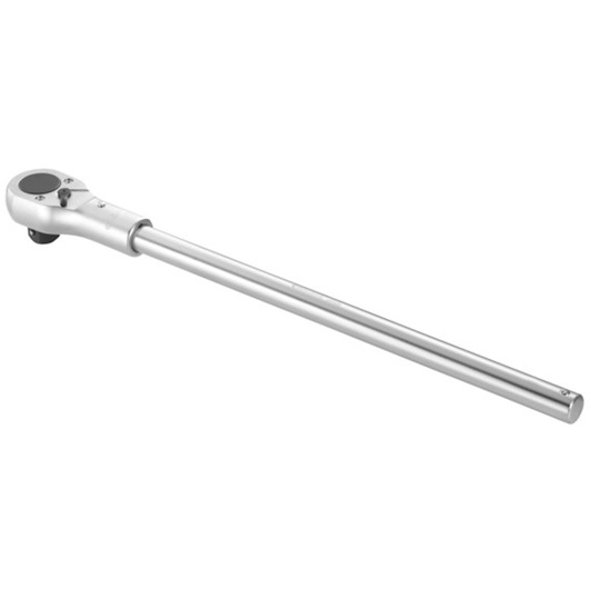 Facom E113819 chrome long handle ratchet wrench, side view, with round head and switch lever.