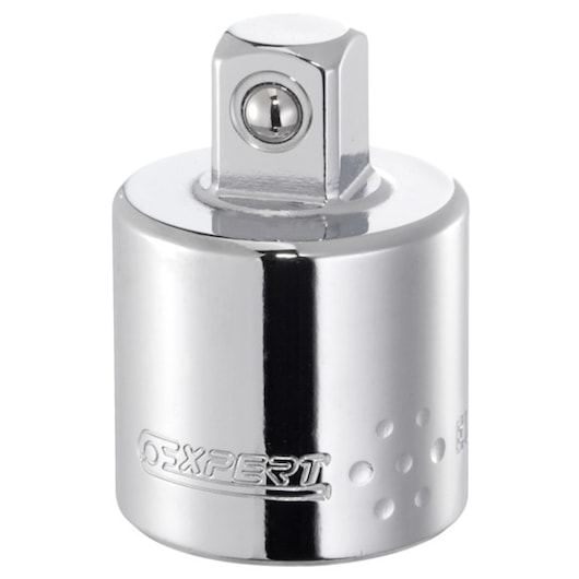 Facom E113821 chrome socket adapter, cylindrical design, front angle on white background.